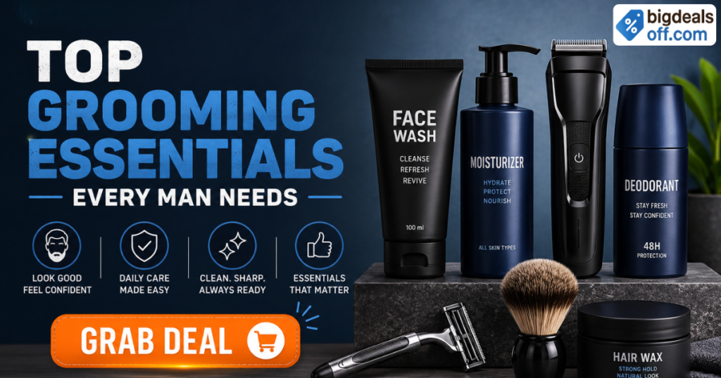 Top Grooming Essentials Every Man Needs including beard trimmer, skincare products, razor, and perfume.