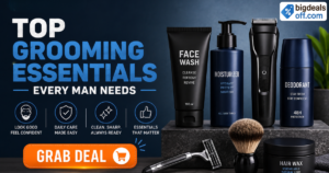 Top Grooming Essentials Every Man Needs including beard trimmer, skincare products, razor, and perfume.